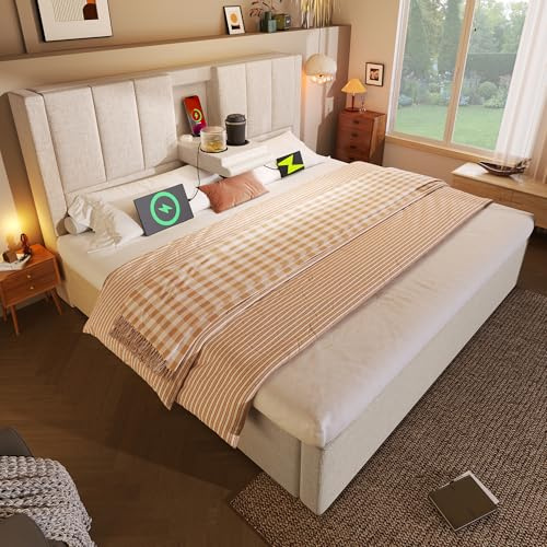 Lit 140x200 avec Sommier USB C et Porte-Gobelet Caché, Lit Coffre 140x200 avec Rangement et Tete de Réglable, Double Hydraulique avec à Lattes 2 Personnes, Capitonné Cadre de Lin(Sans Matelas)