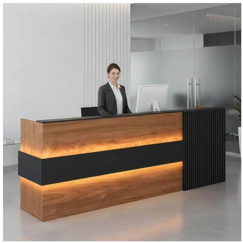 POPICK Empfangstheke Modern, Empfangstresen Nussbaumholz, Stabile Verkaufstheke L-Form mit LED Beleuchtung, Rezeptionstresen Holz für Friseursalon, Kosmetikstudio, Praxis, Büro, Laden, Hotel