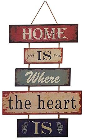 HUABEI Cartel Vintage de Madera para colgar al pared-HOME IS WHERE THE HEART IS