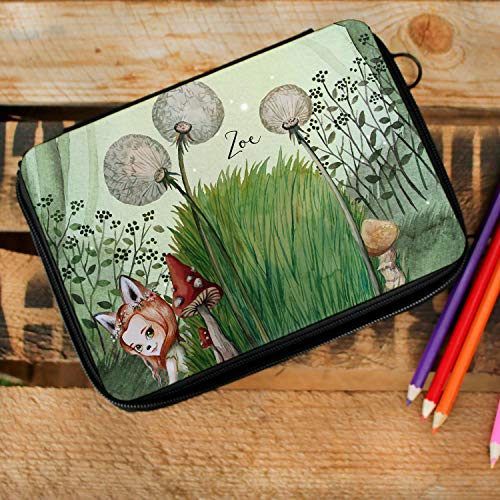 ilka parey wandtattoo-welt Gefüllte Federtasche Fuchsmädchen Fara im Wald Pilz Pusteblume Schulstart Federmappe individuelles Federmäppchen & Namen Wunschnamen fm195