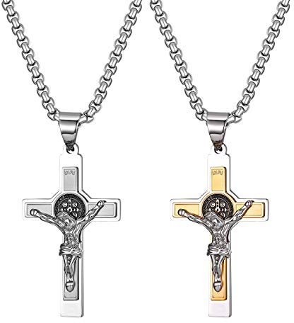 JewelryWe Schmuck 2pcs Retro Herren Halskette Edelstahl Saint St. Benedikt Jesus Christus Kreuz INRI Anhänger 22 Zoll Kette mit kostenlos Gravur, Gold Silber