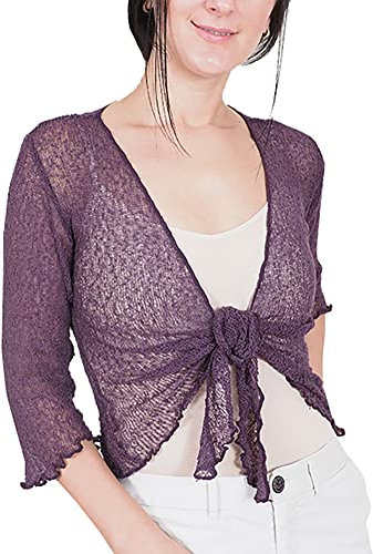 Mimosa - Cardigan aperto con pizzo elasticizzato, tinta unita, design cucito all’uncinetto con stile a rete, da donna (taglia unica, viola scuro)