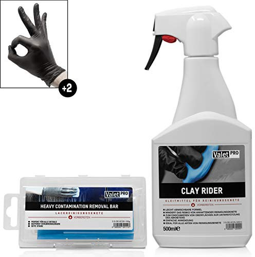 detailmate ValetPRO Reinigunsknete Gleitmittel Set zur schonenden Lackreinigung Auto : Clay Rider - Sprühflasche - 500 ml - Gleitmittel + Reinigunsknete blau hart Clay - 100g + Schutzhandschuhe
