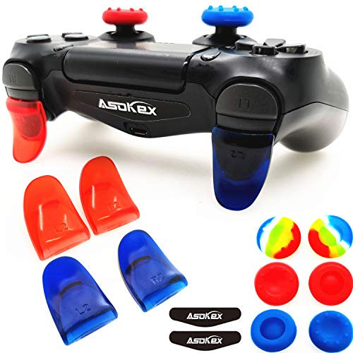 L2 R2 Trigger PS4 (2 Paar Trigger-Extender, 6 Stück Daumenstützen-Griffe, 2 Paar LED-Lichtleisten-Aufkleber) für PS4 Dualshock Controller Rot und Blau