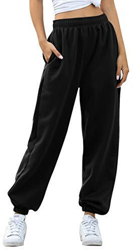 MoneRffi Damen Jogginghose Sporthosen Lange Yoga Hosen Loose Casual Jogginghose High Waist Loose Fit Elastischer Bund Freizeithosen Hohe Trainingsanzug Hosen Sweathose mit Taschen(Z#Schwarz,M)