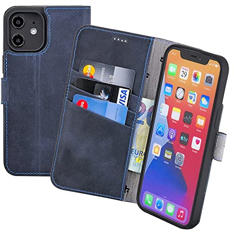 Suncase Book-Style Hülle kompatibel mit iPhone 12 (6.1) Leder Tasche (Slim-Fit) Lederhülle Handytasche Schutzhülle Case mit 3 Kartenfächer in Pebble-Blue