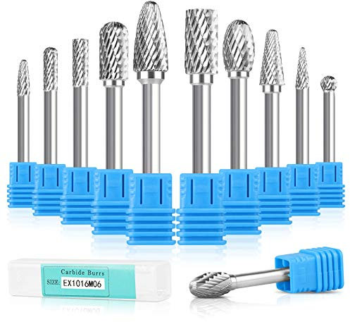 Linkstyle 10 Stück Wolframcarbid Fräser Bit Set, Hartmetall Rotary Schaftfräser Raspel Set mit 6mm Schaft für Schleifen Schnitzen Polieren