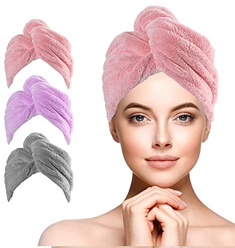 URAQT Haarturban Handtuch, 3 Stück Mikrofaser Turban Handtücher Schnelltrocknend Handtuch, Damen Haarturban Verdreht mit Knopf für Handtücher Frauen Mädchen Lange Lockiges Nasses Alle Haartypen(A)