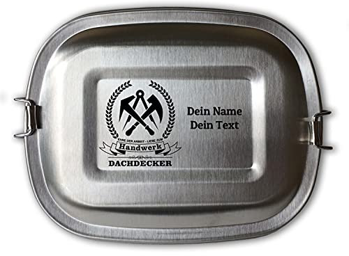 elbedruck Edelstahl Brotdose Lunchbox Erwachsene mit Gravur Zunftsymbol Dachdecker und Wunschgravur Dein Name personalisiert in 3 Größen auch als Set (Lunchbox Dachdecker groß)