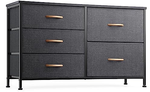 Nicehill Dresser for Bedroom with 5 Drawers, Storage Organizer, Wide Chest of Drawers for Closet, Clothes, Kids, Baby, TV Stand, Wood Board, Fabric Drawers(Black Grey),30*100*61