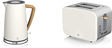 Swan Nordic Bouilloire électrique ultra rapide sans fil Design moderne 1,7 l 2200 W Blanc & Nordic Grille-pain à fente large 2 tranches, 3 fonctions, 6 niveaux de grillage, blanc mat