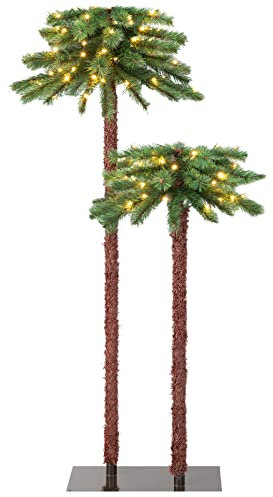 COSTWAY 2er Set Künstliche Palme beleuchtet, Weihnachtspalme mit 100 LED-Leuchten & 84 PVC-Spitzen, Kunstpalme Lichterbaum für Zuhause, Schule, Büro