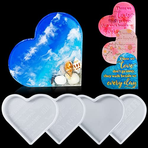 FineInno 4 Stück Herz Schild Silikonform Liebe Herzform Epoxidharz Formen Heart Resin Mold Gießform Harz Form von Fotorahmen Buchstützen Trauer Beerdigung Souvenir