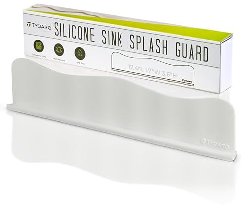 TYOARO Silicone Sink Splash Guard - Water Splash Guard for Kitchen, Island and Bathroom - Secure Non-Slip Suction Cup Base - Dishwasher Safe, White (17.4 x 1.7 x 3.6)