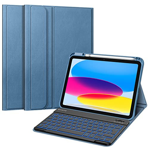 FINTIE Clavier pour iPad (A16) 11ème Génération 11 Pouces 2025, iPad 10ème Génération 10.9” 2022 - [AZERTY Français] Clavier Rétroéclairé 7 Couleurs sans Fil Bluetooth, Housse Antichoc, Bleu Océan