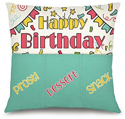 JOTOM Dekokissen Kissenbezug mit 3 Taschen zum selber Befüllen 45x45 cm Kissenhülle tolles Geschenk (Happy Birthday)
