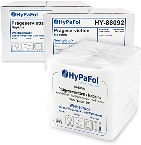 Hypafol Servietten weiß à 32x32 cm, 1-lagig I Prägeservietten im Vorteilspack I Papierservietten für Gastronomie-Betriebe, Kantinen, Büros und Co. I 100% Zellstoff und 1/8-Falz I 10 x 500 Stück