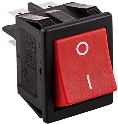 Interruttore bipolare a bilanciere DPST bipolare ON-OFF con tasto rosso e con terminali faston 6,35mm, foro di montaggio 31x22,7mm, 250V 15A