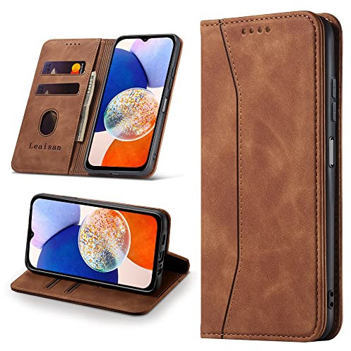 Leaisan Handyhülle für Samsung Galaxy A14 5G/4G Hülle Premium Leder Flip Klappbare Stoßfeste Magnetische [Standfunktion] [Kartenfächern] Schutzhülle für Samsung A14 5G/4G Tasche - Braun