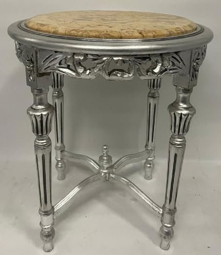 Casa Padrino Barock Beistelltisch Silber/Beige - Runder Antik Stil Massivholz Tisch mit Marmorplatte - Wohnzimmer Möbel im Barockstil - Antik Stil Möbel - Barock Möbel