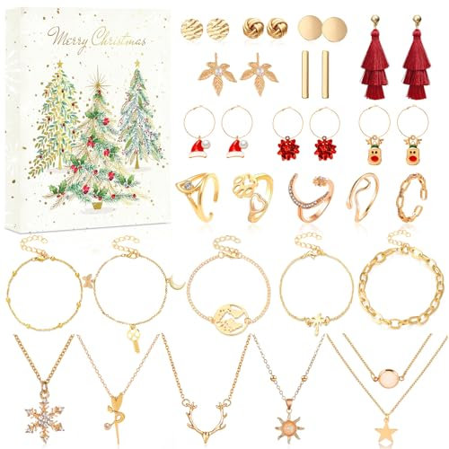 Adventskalender 2024 Frauen, Schmuck Adventskalender 2024 Weihnachtskalender Frauen, Adventskalender Schmuck Mädchen Damen mit 24 Schmuck Überraschungen, Weihnachtsgeschenke für Mädchen Damen Kinder