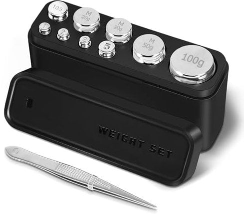 GRAM PRES: Kit de calibración de 210 g, 9 unidades de acero inoxidable, 1 g, 2 g, 5 g, 10 g, 20 g, 50 g, 100 g, con caja de almacenamiento y pinzas de acero inoxidable