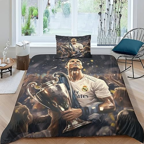 IVYARD 3 Teilig Cristiano Ronaldo Bettbezug Und Kissenbezug Bettwäsche Set,Microfaser 3D Digitaldruck,Football Player Bettbezüge Mit Reißverschluss Für Kinder Jugendliche Erwachsene Single（135x200cm）
