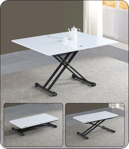 VOLERO' ; Table Transformable Peu encombrante. modèle Ulisse Medium, avec réglage millimétrique de la Hauteur.(Blanc laqué, Pieds Gris)