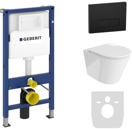 Lavita Duofix Basic Vorwandelement + Wand Tiefspül WC Galve Weiß Spülrandlos + WC Sitz + Bedienplatte Delta 25 Schwarzer Knopf Komplettset Unterputz Spülkasten Toilette Komplett Sett WC