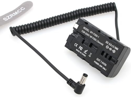 SZRMCC NP F970 F550 Dummy Battery with in Out 7.4V 3A to 5.5x2.1mm DC Barrel Coiled Power Cable for Atomos Shogun Ninja Inferno SmallHD Monitor