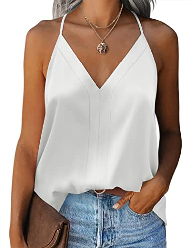 Zeagoo Debardeur Femme Satin Chic et Élégant Caraco Lâche Été Top sans Manche Bretelles Spaghetti Haut Sexy Col en V Camisole, Blanc M