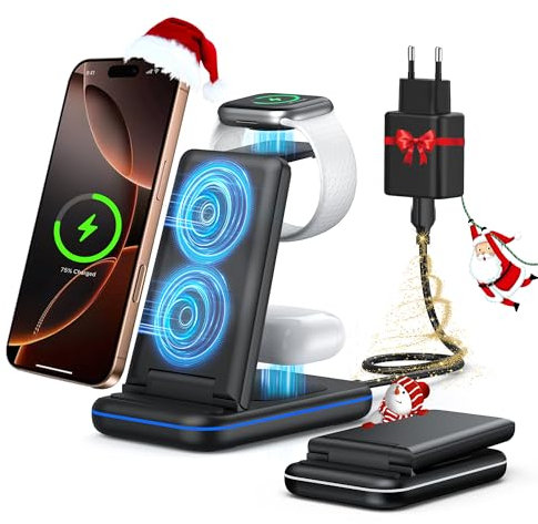 TECKNET Induktive Ladestation 3 in 1, Kabelloses Ladegerät Kompatibel mit Samsung S24/S23/S22/Ultra, iPhone 16/15/14/13/12/11/Pro Max/XS, Apple Watch Ultra/10/9/8/7/6/5/4/3/2/SE, AirPods Pro/4/3/2