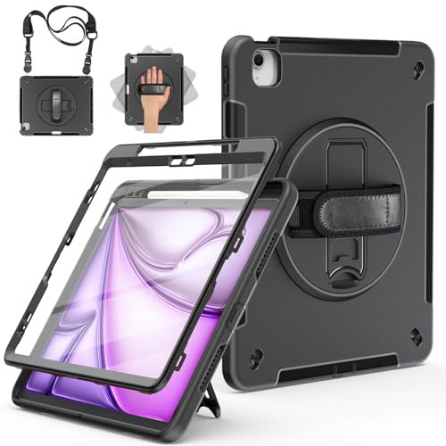 Miesherk Hülle für iPad Air 13 Zoll M3/M2 2025/2024 7./6. Gen: 3-Schichte robuste stoßfest Case mit Displayschutzfolie-Stifthalter-Drehbarer Ständer-Handschlaufe-Schultergurt-Schwarz