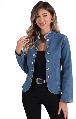 Allegra K Blazer in Denim da Donna Aperto sul Davanti Senza Colletto Cardigan Jeans Blu S