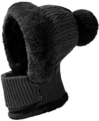 JFAN Strickmützen Winter für Damen Warme Kapuzen Schal Plüsch Hoodie Mütze Kapuzenschal Wintermütze für Frauen Outdoor Schwarz