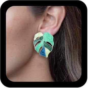 Allereya Boho Palm Leaf Stud Earrings Green Leaves Stud Earrings Enamel Leaf Earring Monstera Leaves Earring Jewelry for Wome