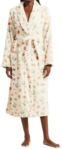 Generico Vestaglia Donna Invernale Pile Lunga Vestaglia Morbida da Donna con Stampa Floreale di Frutta, Accappatoio Caldo, Asciugamano Lungo, Vestaglia con Tasca Accappatoio Donna Fantasia (Beige, L)