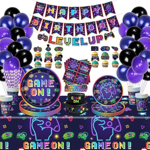 Decoraciones de cumpleaños de videojuegos, decoraciones de cumpleaños para niños, incluyendo platos, tazas, servilletas, manteles, pancartas, globos, sirve 20