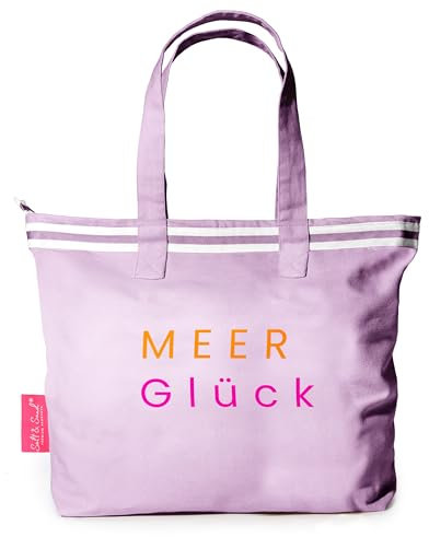 Salt & Sand The Tote Bag - Canvas Tasche Damen mit Reißverschluss und Innentasche - Umhängetasche Damen - Premium Qualität made in Europe - Handtasche (lavendel Meer Glück orange-pink, medium)