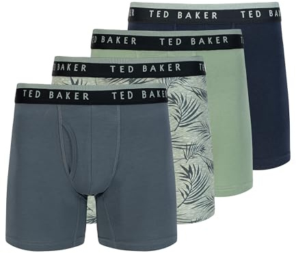 Ted Baker Men's 4 Pack Cotton Stretch Boxer Briefs, Castlerock/Palms/Iceberg Green/Sky, M