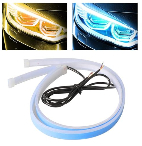 Zimoya Car LED Strip Lights, 2 24 Inch Flexible LED Headlight Strips Color White Turn Signal Yellow Lights Waterproof Car Daytime Running Light Strip for Cars, SUVs, Trucks