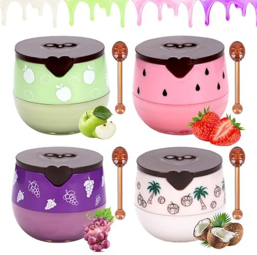 4 PCS Honey Lip Balm,Bee Lip Balm Honey Pot,Honey Pot Lip Balm,Sleeping Lip Mask for Dry & Cracked Lips,Reduce Lip Lines,Plump & Smooth Lips,Moisturize,with Stick(Strawberry/Apple Lime/Coconut/Grape)