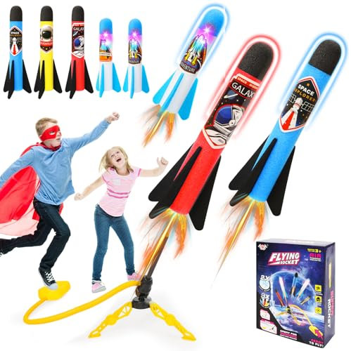 Jovicos Raketen Spielzeug Mit 5 Schaumraketen, Outdoor Spiele Für Kinder, 2 LED-Licht Rakete Luftdruck Spielzeug Ab 3-12 Jahre Junge, Geschenke Für Jungen Mädchen