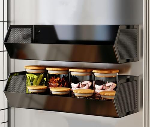 HUHSWOF Übergröße Magnetisches Hängeregal, große Gewichtskapazität für Kühlschrank,Gewürze Küche Organisation, Boden Dichtung Anti-Tropf, aus Kohlenstoffstahl (1, Schwarz)