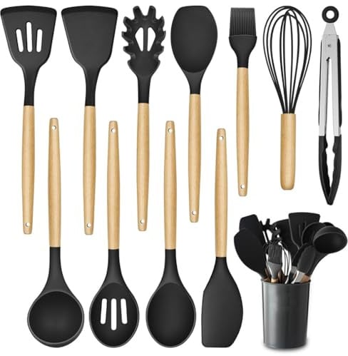 Kitchen Utensil Set, 12 PCS Silicone Cooking Utensils Set with Wooden Handle, Heat Resistant, Nonstick Cookware Tongs Spatula Spoon Set, Dishwasher Safe, Best Kitchen Tools (Black)