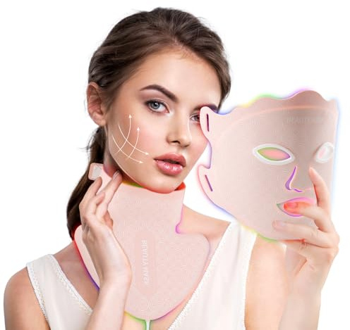USUIELIGHT LED Gesichtsmaske Lichttherapie, 7 Farben LED Maske für Gesicht und Hals mit Rotlichtlampe für Anti-Aging, Akne & Hautstraffung, professionelle Hautpflege für zu Hause Rosa