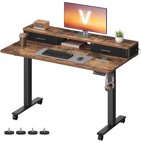 VASAGLE Electric Standing Desk with Built-In Power Strip, 120 x 60 x (72-120) cm, Adjustable Height, Monitor Stand, 2 Hooks and Drawers, Memory Function, Rustic Brown LSD182KD03