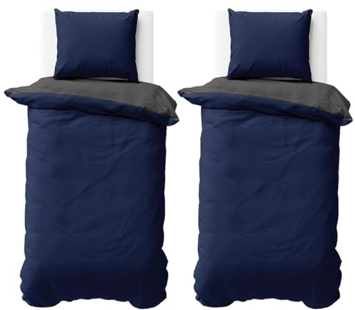 Visaggio 4teilige Bettwäsche Mikrofaser 155x220 cm Dunkelblau Anthrazit Wendeettwäsche Bettbezug Garnitur Set Uni Einfarbig Deckenbezug Kissenbezug Schlafzimmer Set