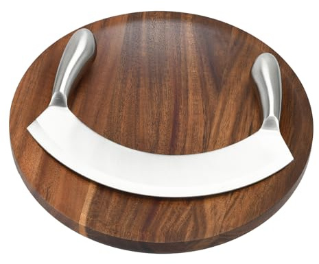 BSDLZCH Kräuterbrett Rund aus Akazienholz 2,5 cm mit Wiegemesser | Konkaves Schneide- & Servierbrett – Ideal für Kräuter, Gemüse, Zwiebeln & Brot, Stilvolles Küchendesign