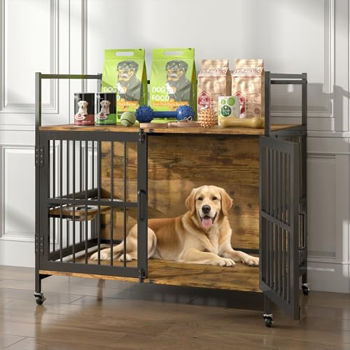 Dog Crate Furniture with Storage Shelf, 99x58x96.5cm Indoor Large Dog Cage with 2 Rotatable Bowls and Wheels, Heavy Duty Dog House, Wooden Dog Kennel for Medium Large Dogs, Brown (Brown)